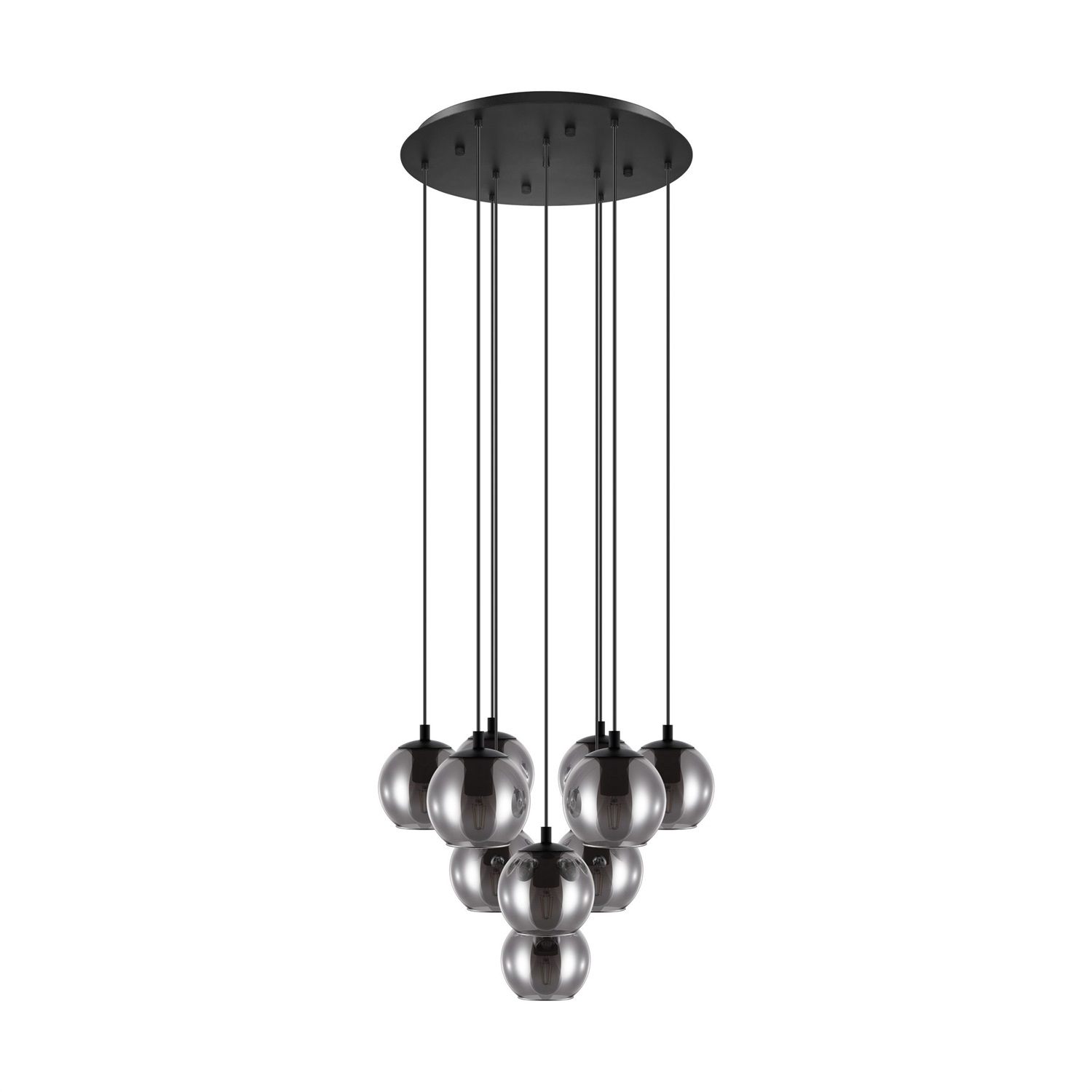 EGLO Ariscani Lampada a Sospensione a Grappolo con 10 Luci in Vetro Fumè e Metallo Nero, Attacco E27, Ø 65,5 cm