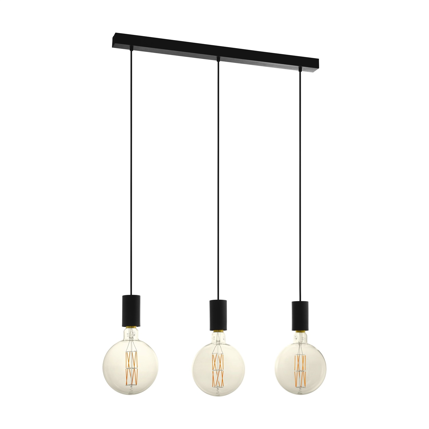 Eglo Pozueta Lampadario a Sospensione a 3 Luci, Lunghezza 84 cm, Metallo Nero e Vetro Trasparente, Altezza 110 cm, IP44