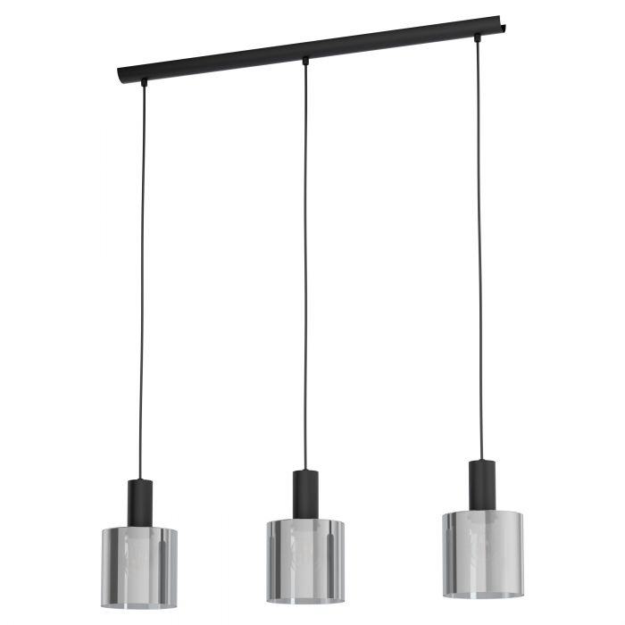 EGLO Lampadario Moderno Gorosiba Nero e Trasparente, Sospensione 3x E27, Acciaio e Vetro, Dimensioni 85x15x110 cm, Regolabile