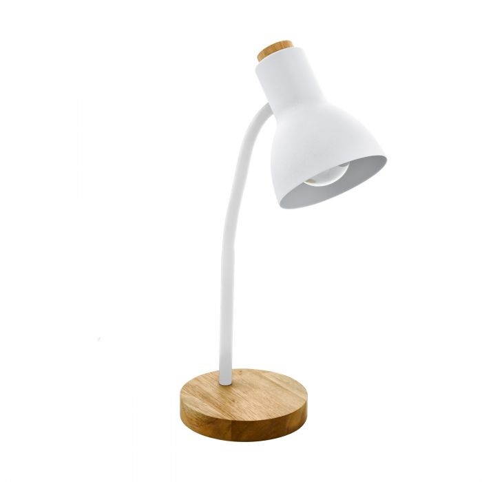 EGLO Veradal Lampada da Tavolo E27 40W Bianco e Marrone, Base in Legno di Gomma, Altezza 49 cm, Interruttore a Cavo