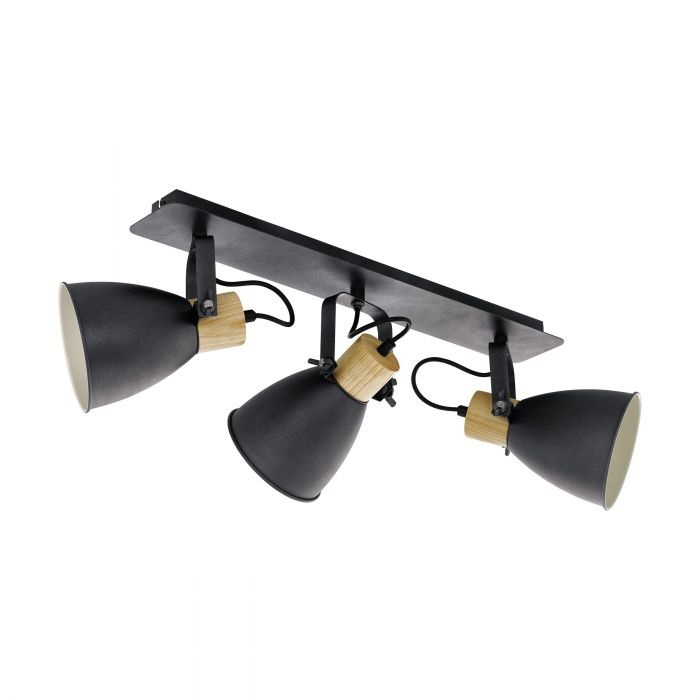 Eglo Spot 3 luci Coswarth orientabile in alluminio antracite e legno naturale, dimmerabile, 67 x 24 cm