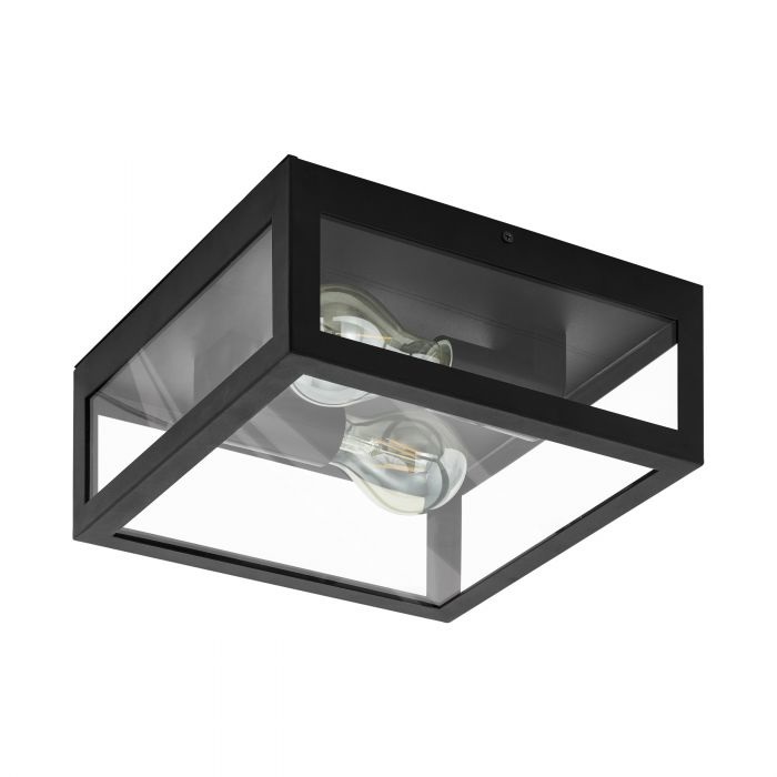 EGLO Amezola Lampada da soffitto a 2 luci E27, industriale e vintage, in acciaio e vetro, colore nero e trasparente, grado di protezione IP44
