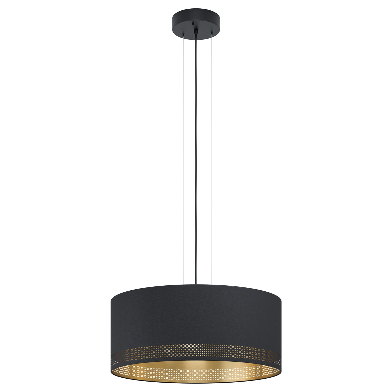 Eglo ESTEPERRA Lampadario a Sospensione in Acciaio Nero con Paralumi in Tessuto Cappuccino e Interno Oro, 3 Luci E27