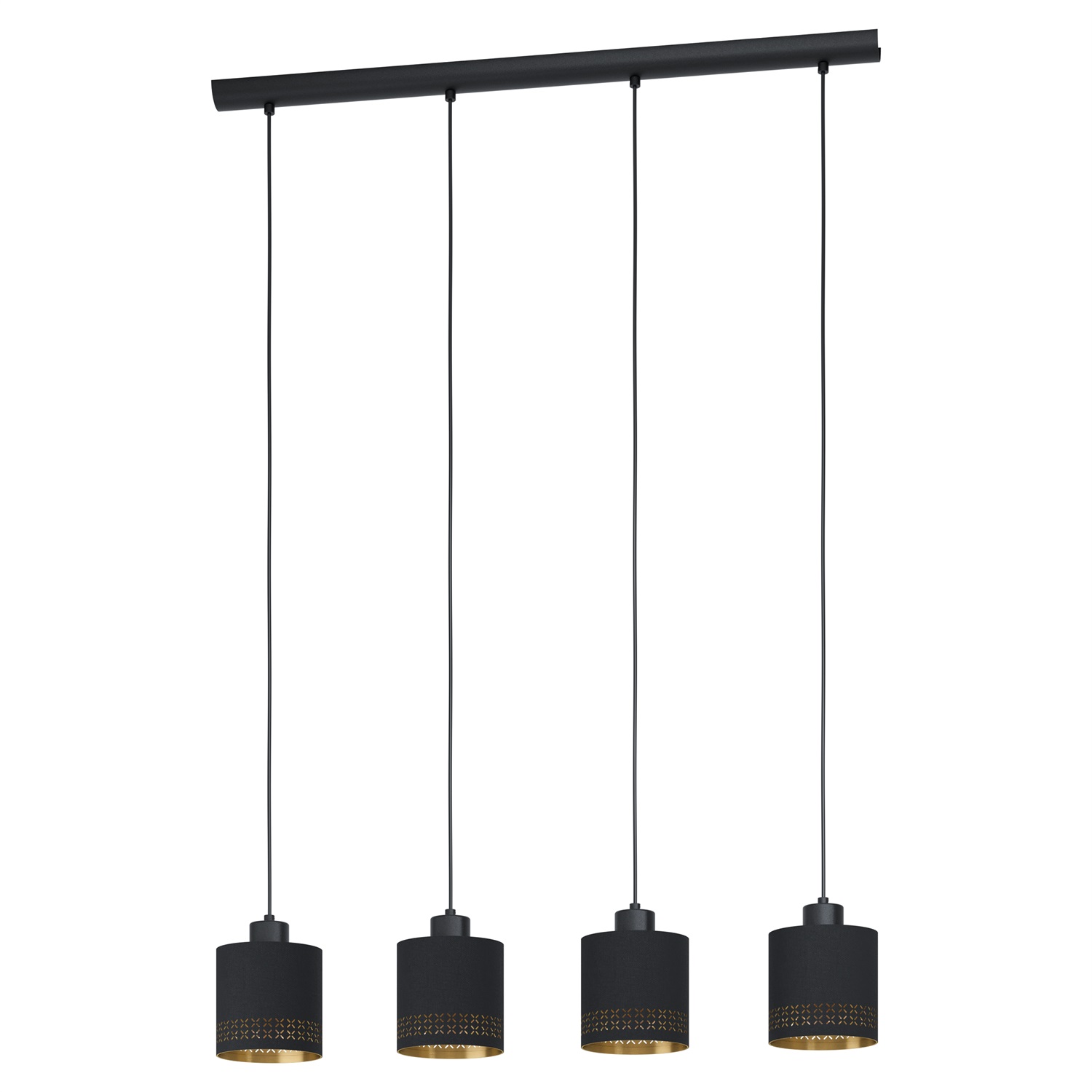 Eglo Esteperra Lampadario a Sospensione Vintage a 4 Luci in Acciaio e Tessuto Nero e Oro, Attacco E27, L 94 cm