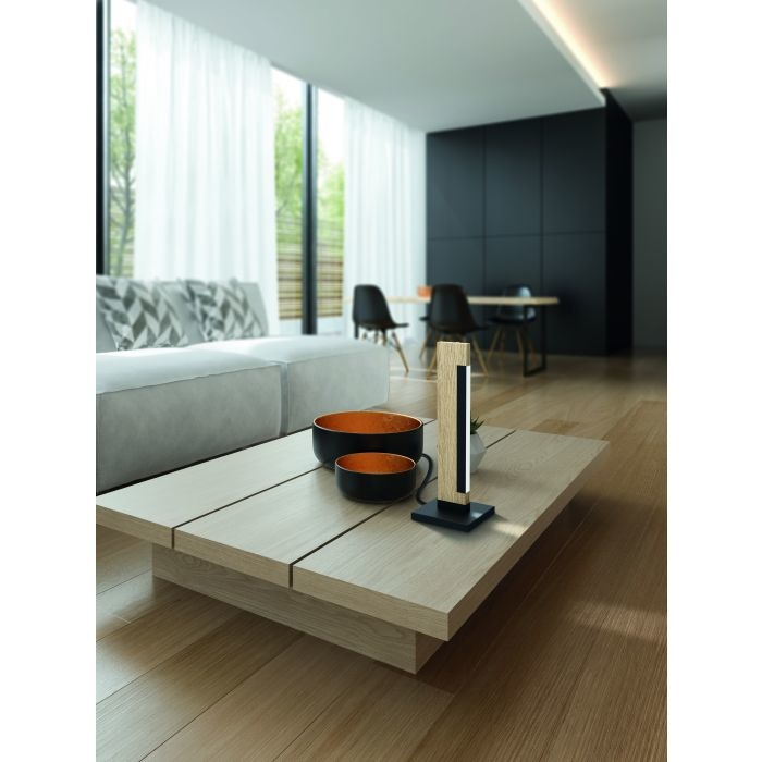 Eglo Camacho Lampada da Tavolo LED Dimmerabile in Acciaio Nero e Legno Naturale, 800 Lumen, Luce Calda