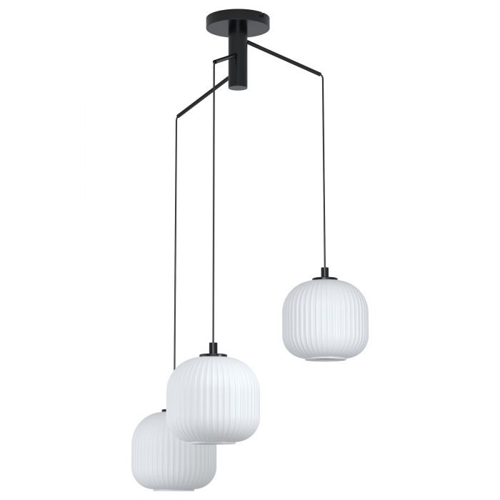 Eglo Mantunalle Lampada a Sospensione con 3 Luci E27, Metallo Nero e Vetro Bianco, Ø 62 cm