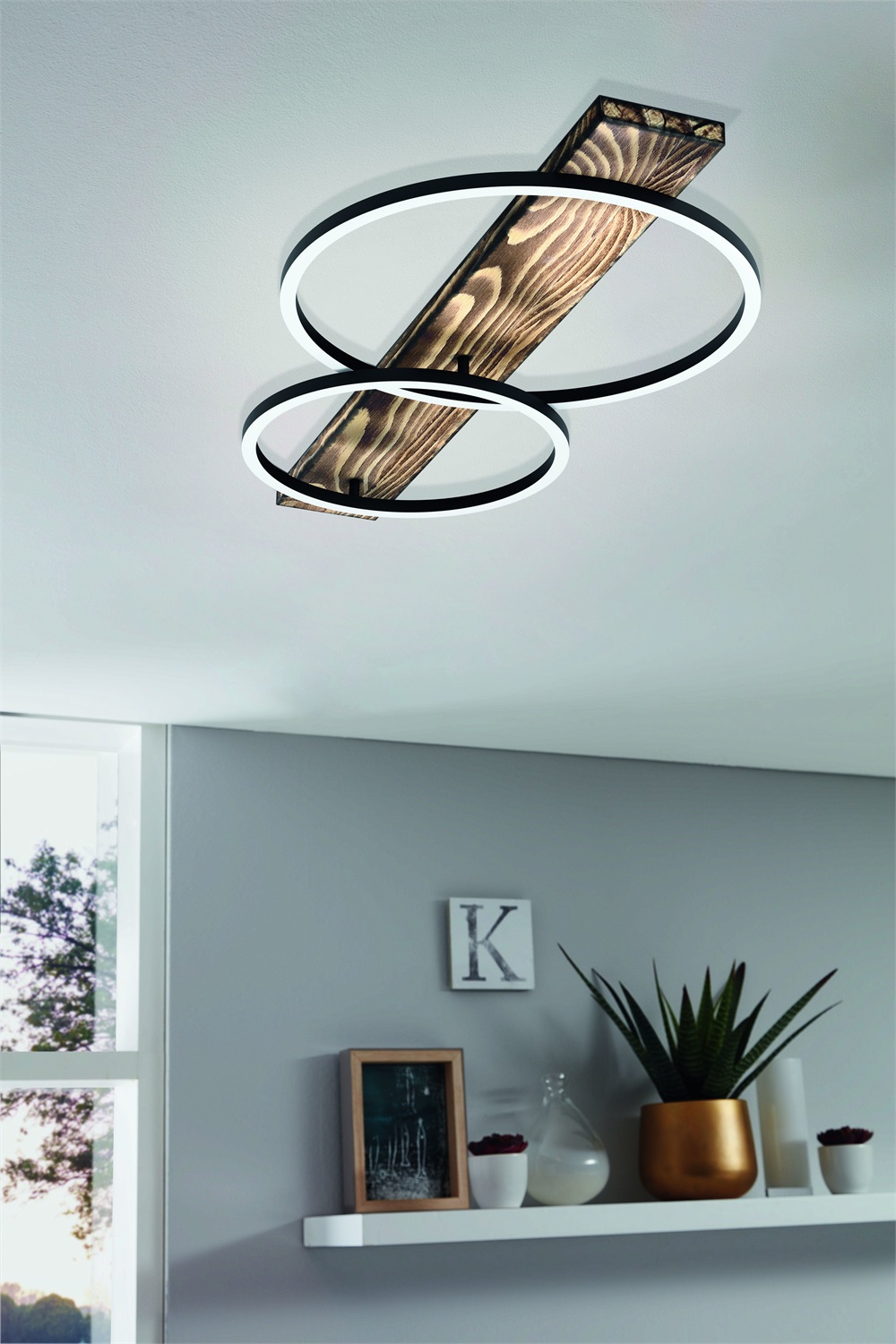 Eglo Boyal Plafoniera LED a 2 luci - Lampada da soffitto vintage rustica in acciaio, legno e plastica, L 78 cm