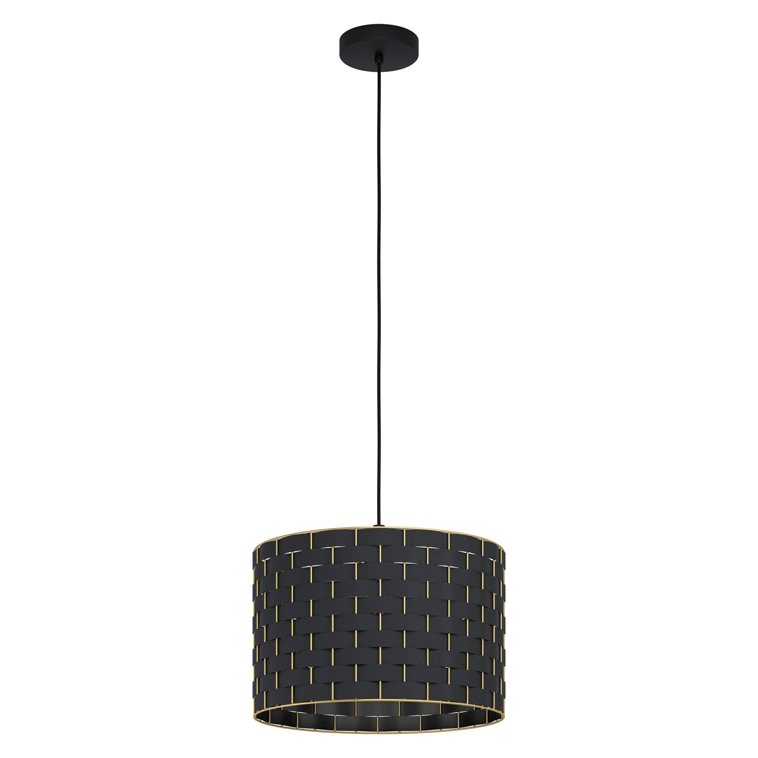 EGLO Marasales Lampada a Sospensione in Tessuto Nero e Metallo Ottone, E27, Ø 38 cm