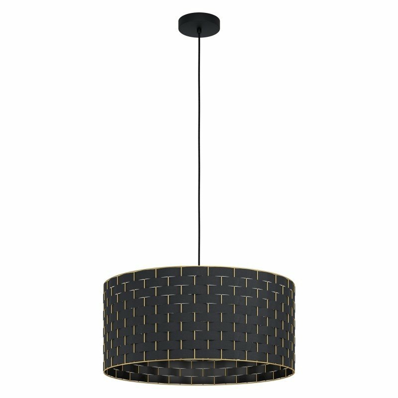 EGLO Marasales Lampada a Sospensione in Tessuto Nero e Metallo Ottone, E27, Ø 55 cm