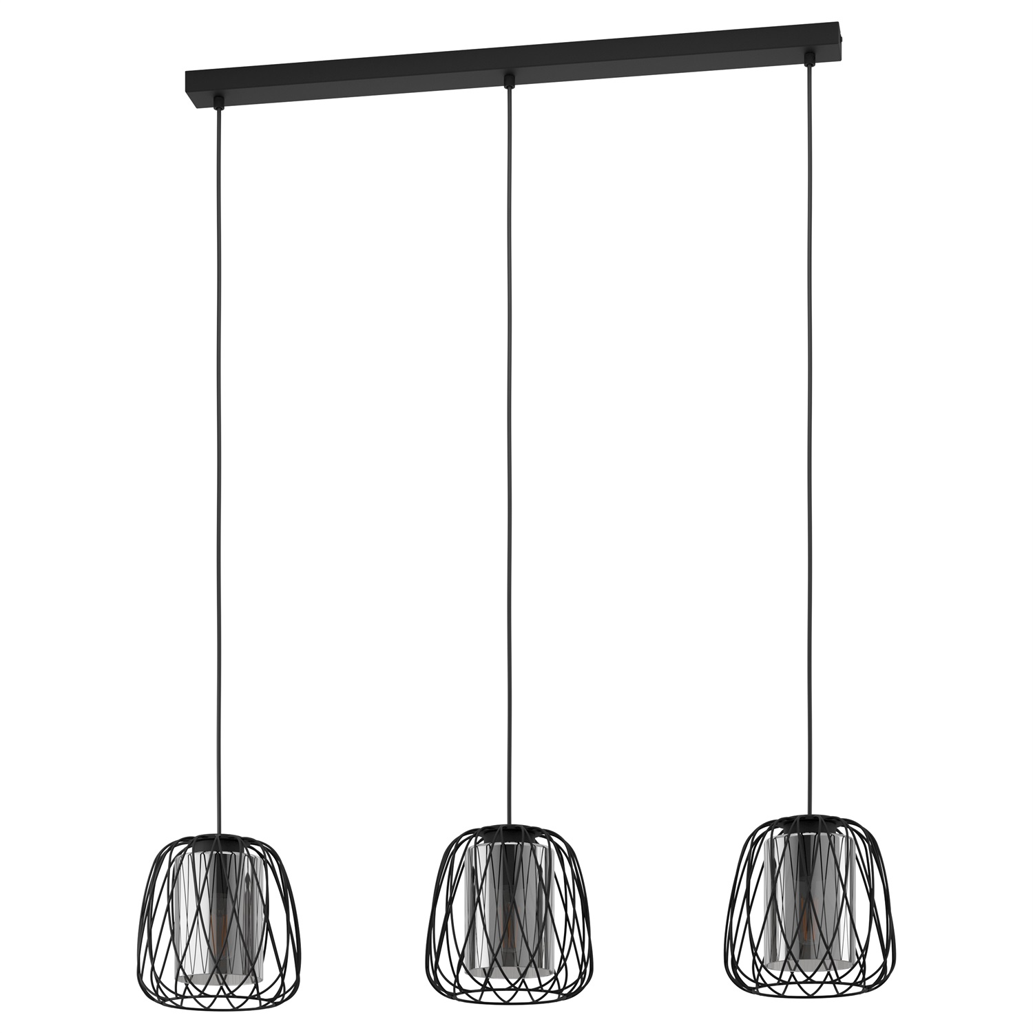 Eglo Floresta Lampada a Sospensione 3 Luci in Metallo Nero e Vetro Fumé E27