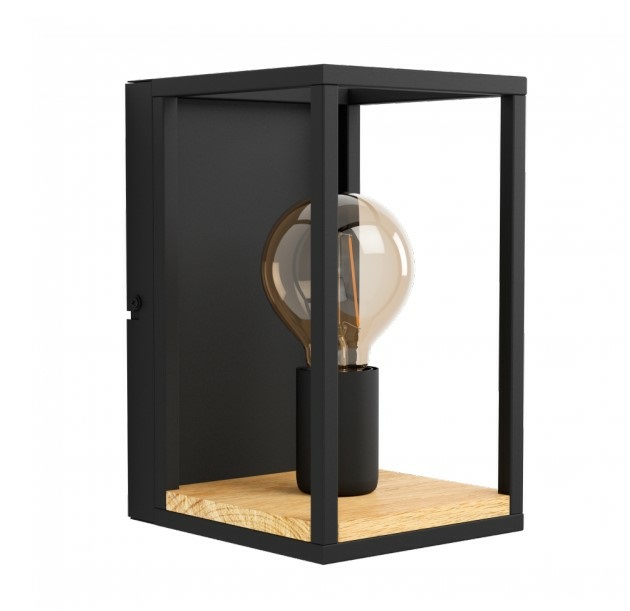 Eglo Libertad Lampada da Parete E27 in Metallo Nero e Legno Naturale con Interruttore - 1 Luce