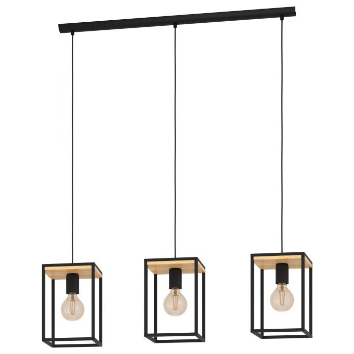 Eglo Libertad Lampada a Sospensione 3 Luci E27 in Metallo Nero e Legno Naturale, Altezza 110 cm
