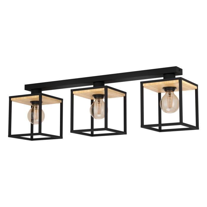 Eglo Libertad Plafoniera da Soffitto con 3 Luci, in Metallo Nero e Legno Naturale, Attacco E27