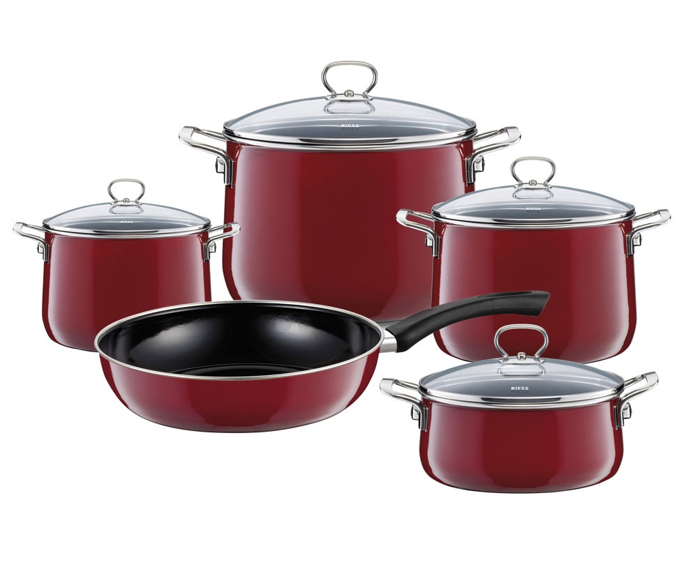 Riess Set di Stoviglie Nouvelle Rosso Extra Forte - 5 Pezzi con Pentole e Casseruole in Smalto