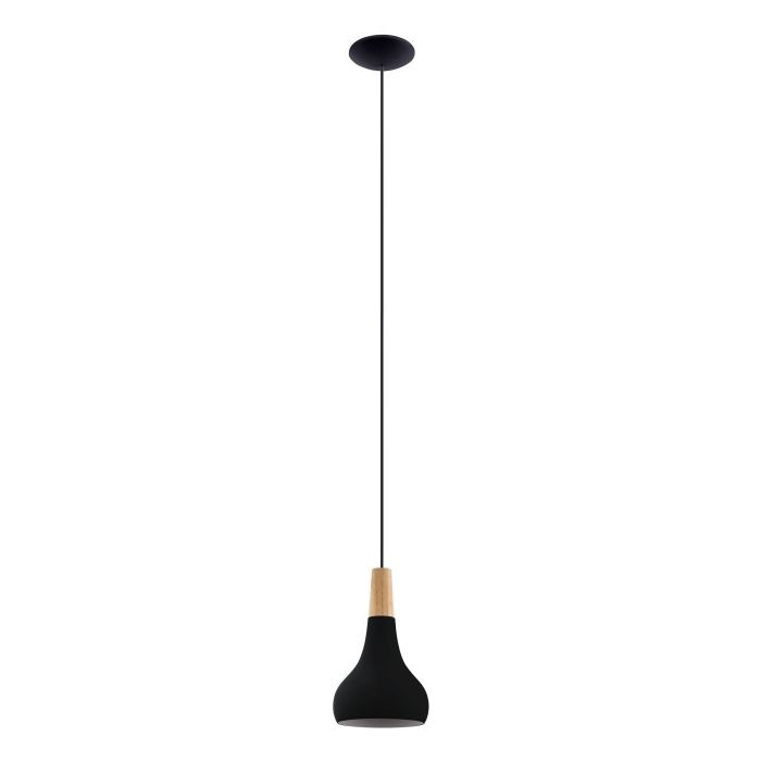 Eglo SABINAR Lampada a Sospensione E27 40 W in Metallo Nero e Legno Naturale Ø 18 cm