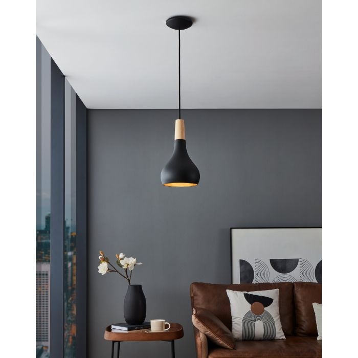 Eglo SABINAR Lampada a Sospensione E27 40 W in Metallo Nero e Legno Naturale Ø 18 cm