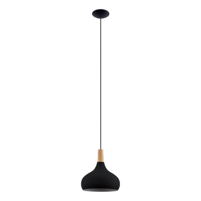 Eglo SABINAR Lampada a Sospensione in Metallo Nero e Legno Naturale, E27, Ø 18 cm