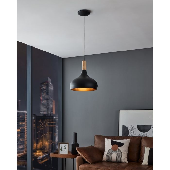 Eglo SABINAR Lampada a Sospensione in Metallo Nero e Legno Naturale, E27, Ø 18 cm