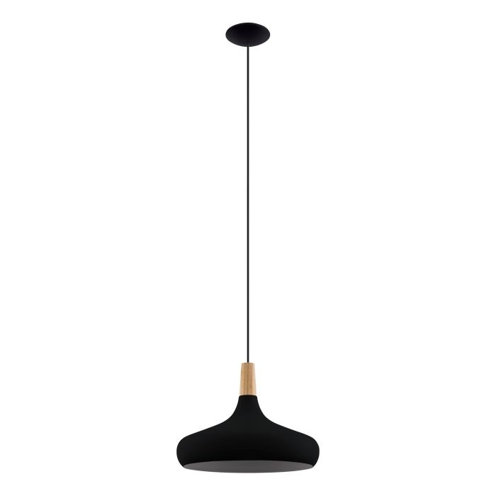 Eglo Sabinar Lampada a Sospensione E27 in Metallo Nero e Legno Naturale Ø 18 cm o Ø 40 cm - Illuminazione per Sala da Pranzo e Soggiorno