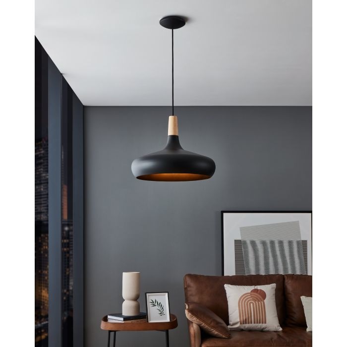 Eglo Sabinar Lampada a Sospensione E27 in Metallo Nero e Legno Naturale Ø 18 cm o Ø 40 cm - Illuminazione per Sala da Pranzo e Soggiorno