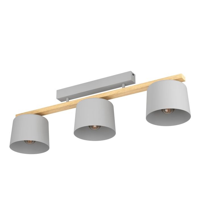 Eglo Mariel - Lampada da soffitto con 3 spot in acciaio grigio chiaro e legno, attacco E27