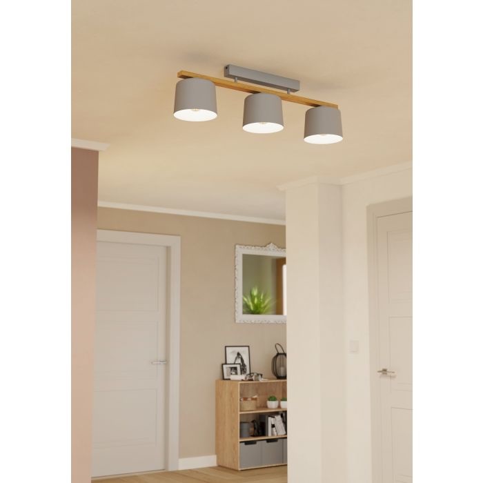 Eglo Mariel - Lampada da soffitto con 3 spot in acciaio grigio chiaro e legno, attacco E27