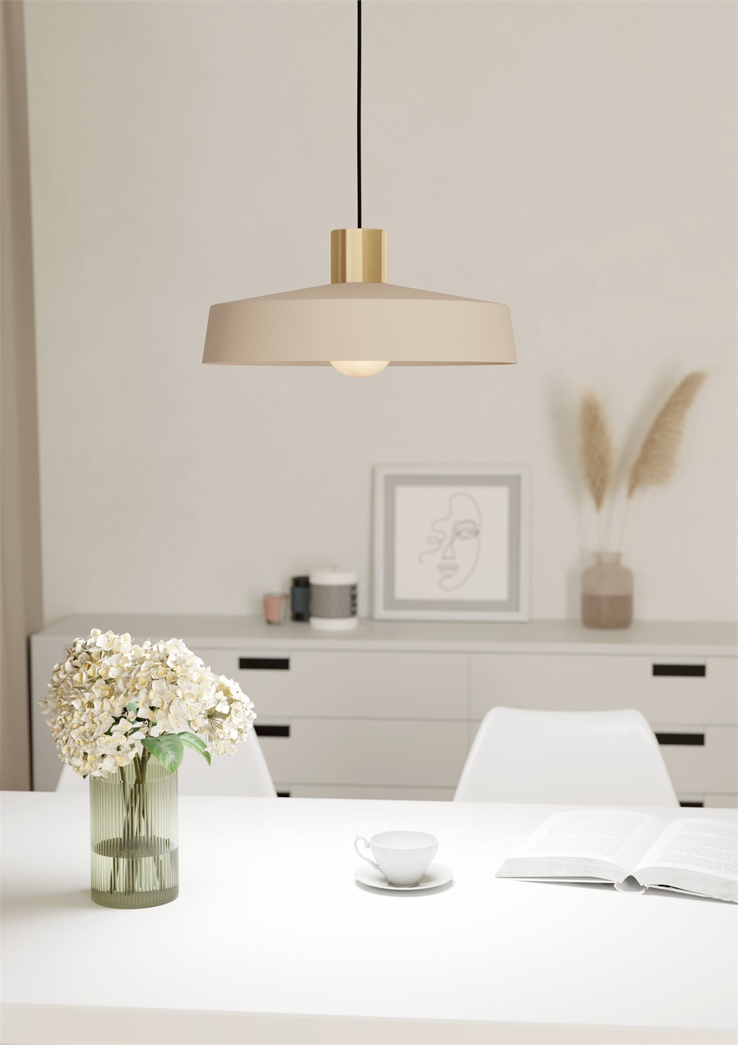 EGLO Valdiola Lampada a Sospensione E27 1 Luce in Metallo Tortora e Ottone Satinato, Diametro 36 cm, Altezza 110 cm