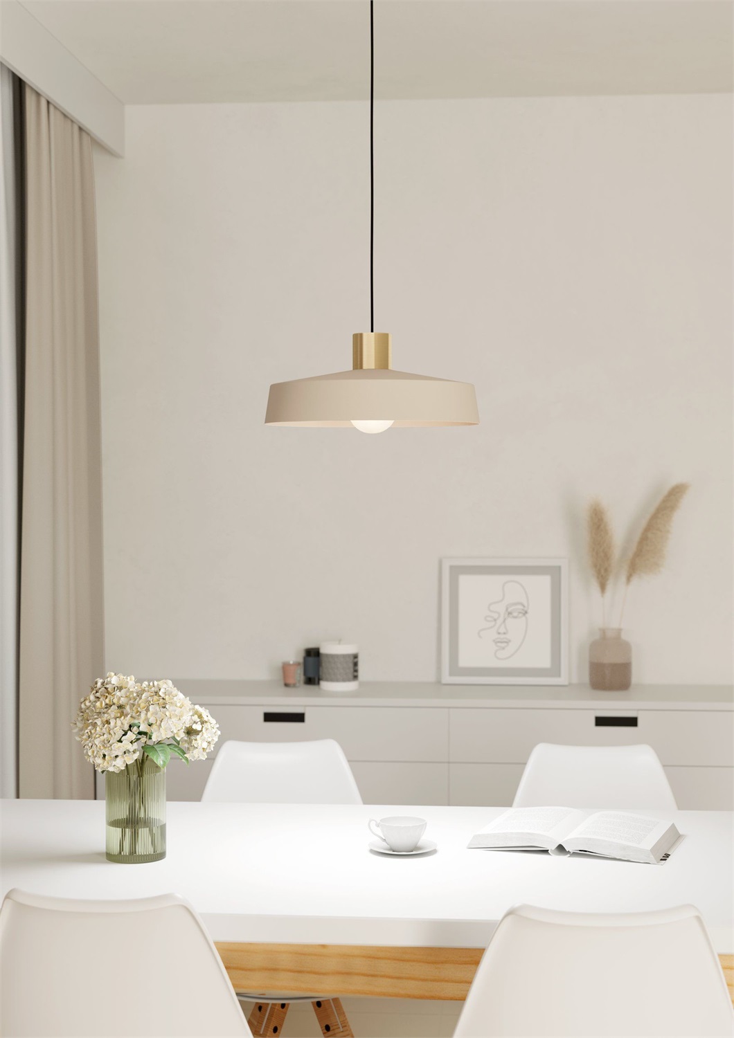 EGLO Valdiola Lampada a Sospensione E27 1 Luce in Metallo Tortora e Ottone Satinato, Diametro 36 cm, Altezza 110 cm