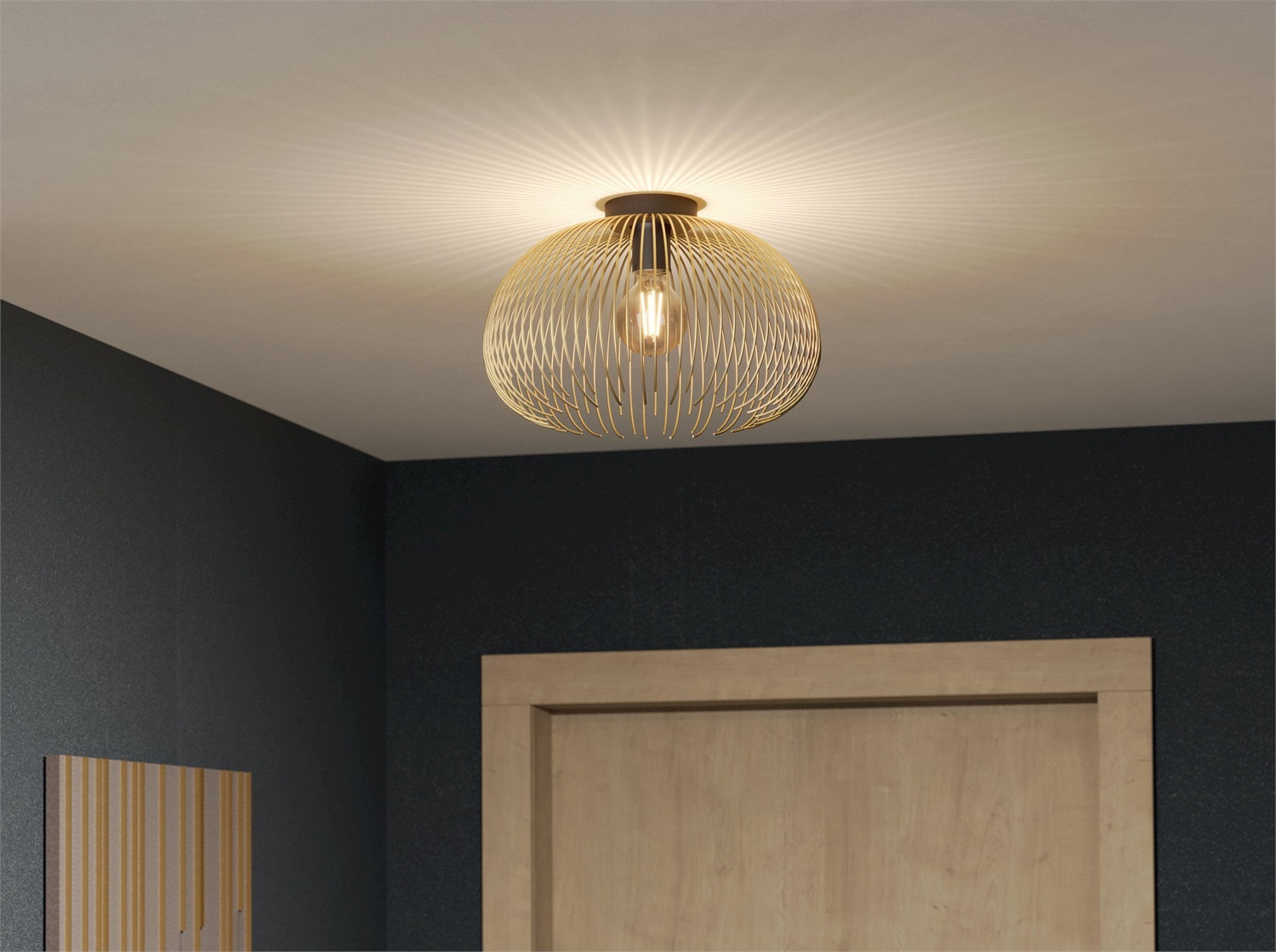 Eglo Venezuela Lampada da Soffitto Elegante in Metallo Nero e Oro con Paralume in Fili d'Oro, Attacco E27, 40 W