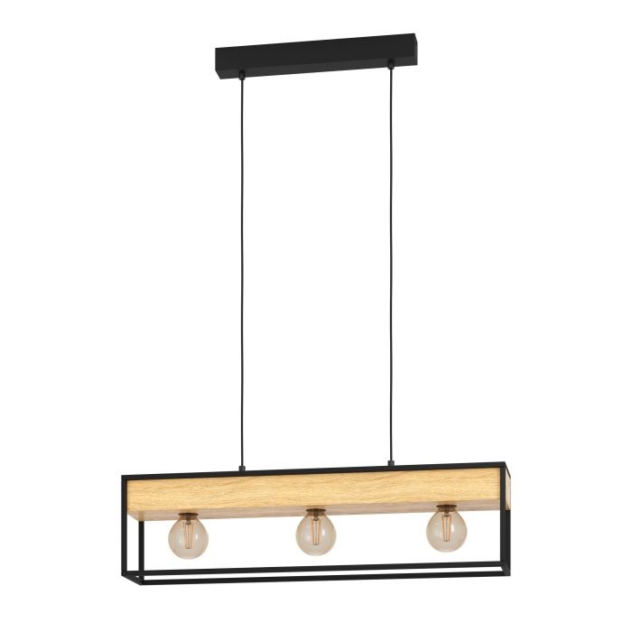 Eglo Libertad 1 - Lampada a Sospensione per Tavolo da Pranzo a 3 Luci con Fioriere in Legno Naturale e Metallo Nero, Attacco E27
