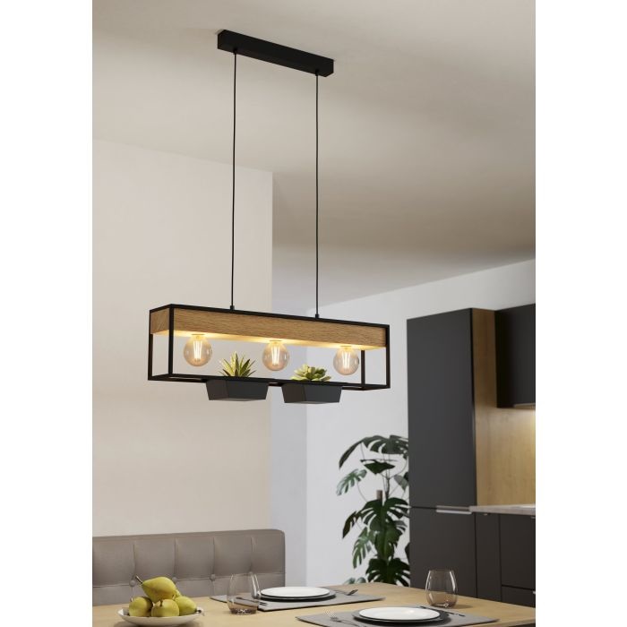 Eglo Libertad 1 - Lampada a Sospensione per Tavolo da Pranzo a 3 Luci con Fioriere in Legno Naturale e Metallo Nero, Attacco E27