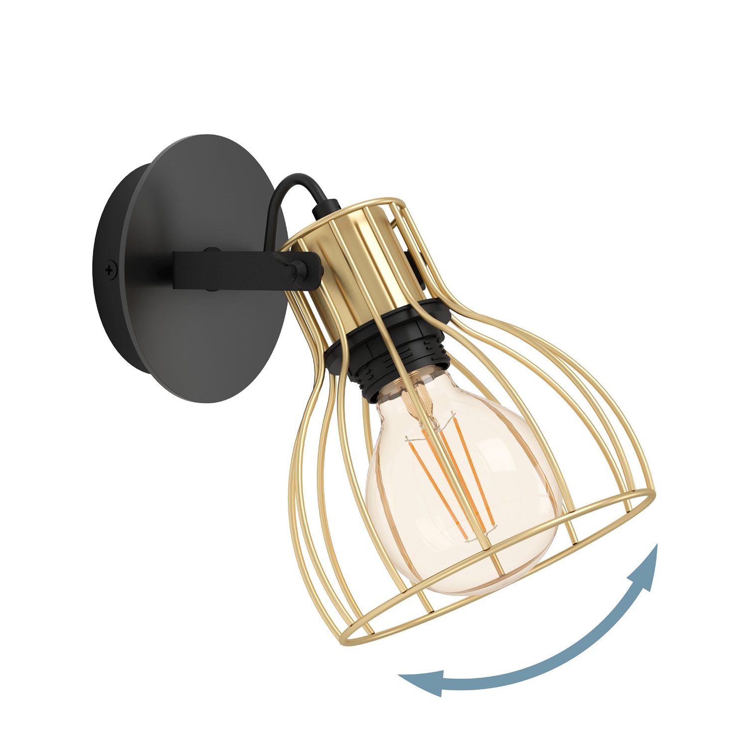 EGLO Sambatello Lampada da Parete in Stile Industriale con Faretto Mobile E27, Metallo Nero e Ottone, Illuminazione per Ingressi e Soggiorni