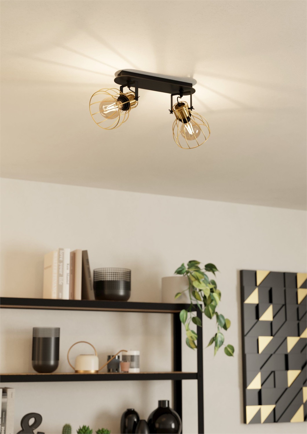 EGLO Faretto da Soffitto Sambatello a 2 Luci Orientabili E27 40 W in Metallo Nero e Ottone Spazzolato