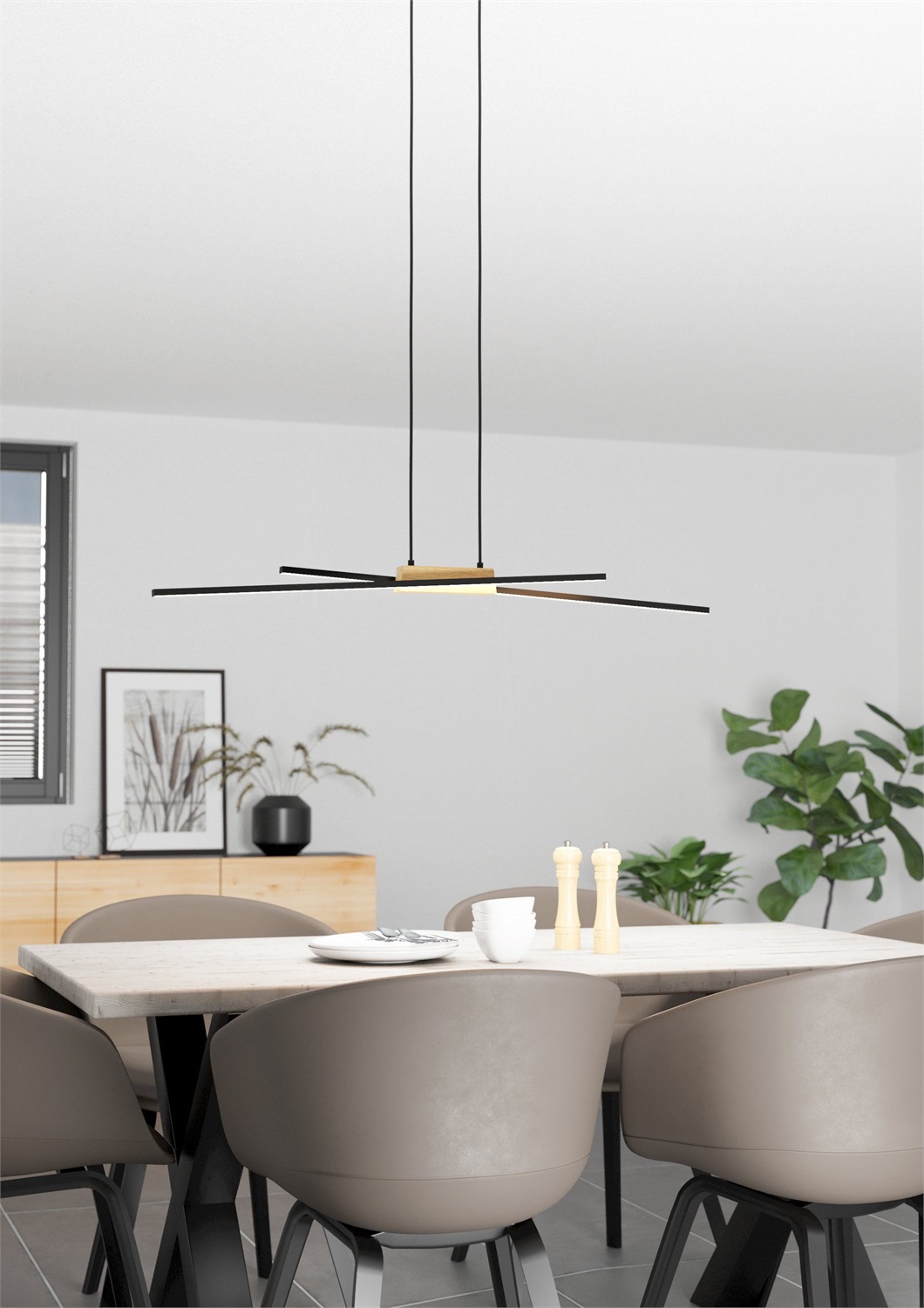 EGLO Lampadario LED Panagria Minimalista 2x13W, Luce Calda 3000K, 3120 Lumen, Struttura in Alluminio e Legno, Finitura Nero e Bianco