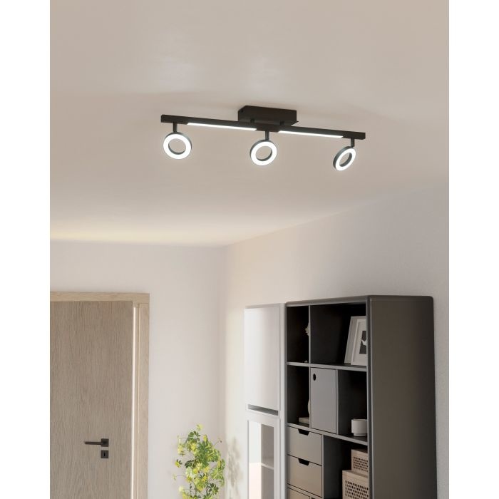 Eglo Cardillio 2 - Lampada da soffitto LED 3 luci orientabili, supporto in plastica e metallo nero satinato, bianco caldo