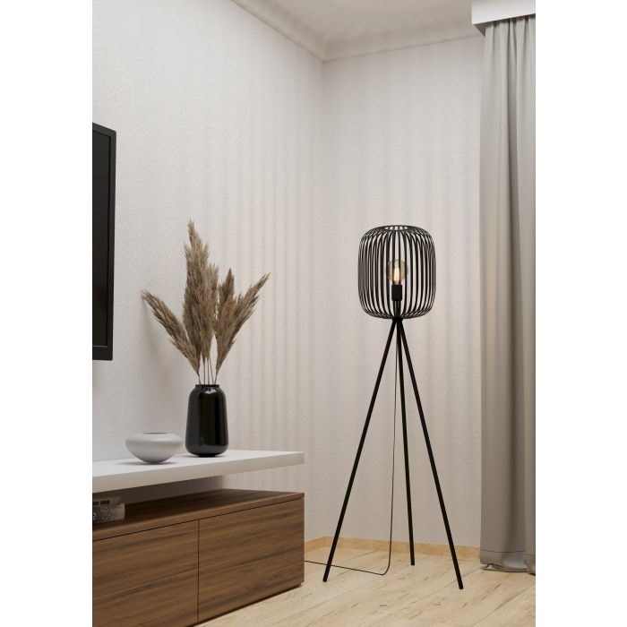 Eglo Romazzina Lampada da Terra E27 in Metallo Nero con Treppiede e Paralume Rotondo