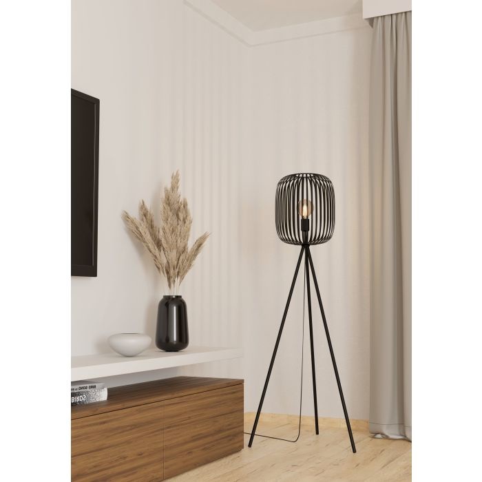 Eglo Romazzina Lampada da Terra E27 in Metallo Nero con Treppiede e Paralume Rotondo
