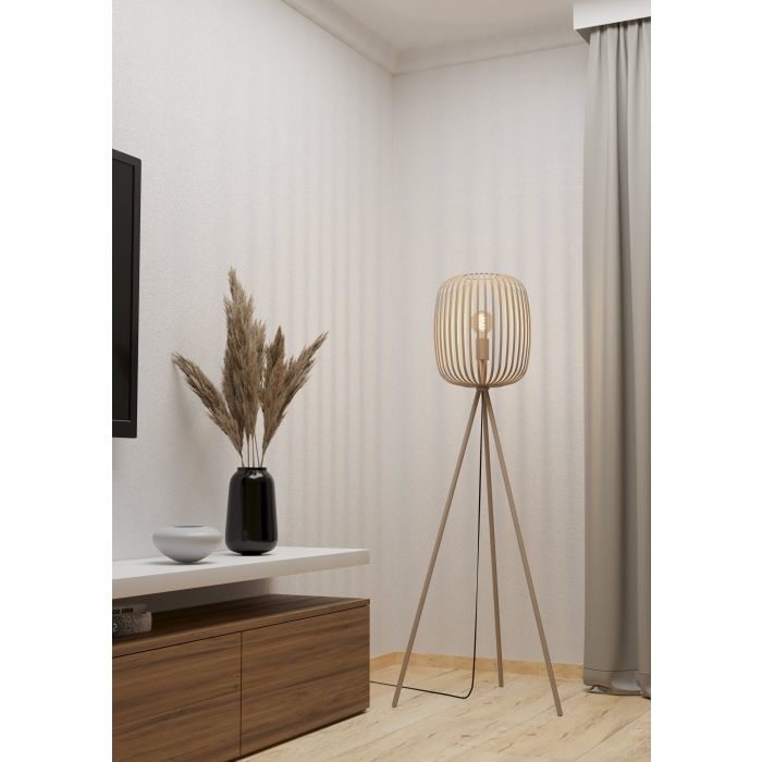 EGLO Romazzina Lampada da Terra con Treppiede in Metallo Color Sabbia, Attacco E27, Altezza 140,5 cm