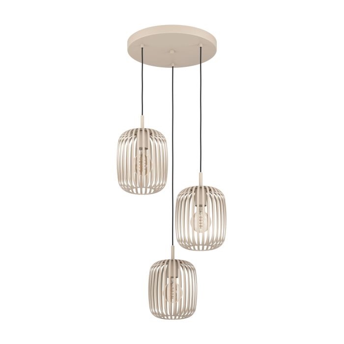 EGLO Romazzina Lampada a Sospensione in Legno a 3 Luci, Attacco E27, Diametro 46 cm, Colore Sabbia