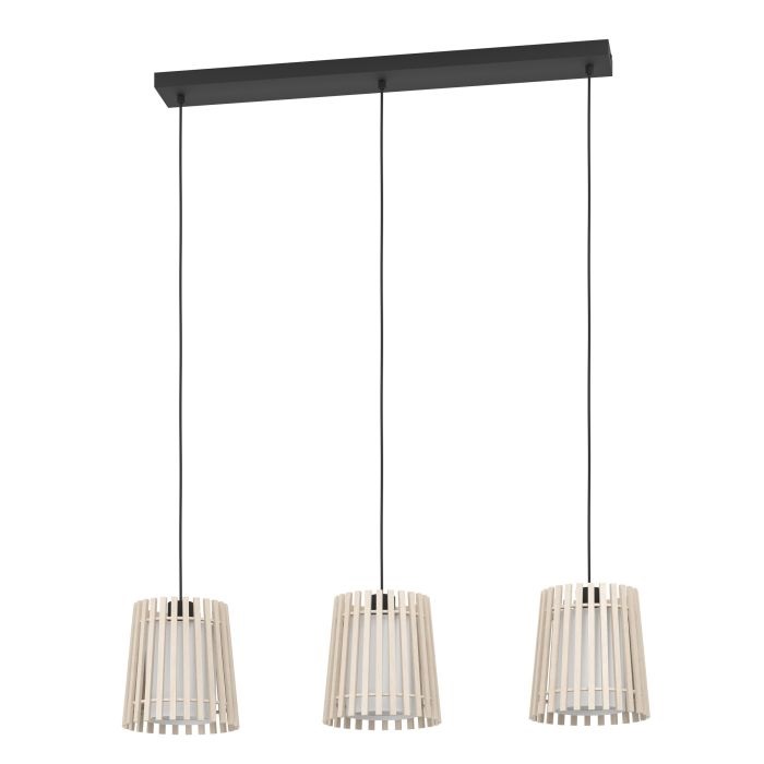 EGLO Fattoria - Lampada a sospensione dimmerabile in acciaio nero e legno, 3 luci E27, 90 cm