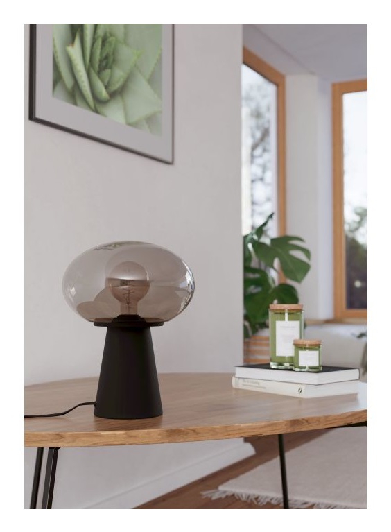 EGLO MADONNINA Lampada da Tavolo E27 in Acciaio Nero e Vetro Vaporizzato Grigio, 1X40W, H:32,5cm Ø25cm