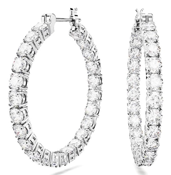 Swarovski Orecchini a Cerchio Matrix Bianchi con Zirconia a Taglio Tondo, Placcati in Rodio - Lunghezza 3 cm, Larghezza 3 cm