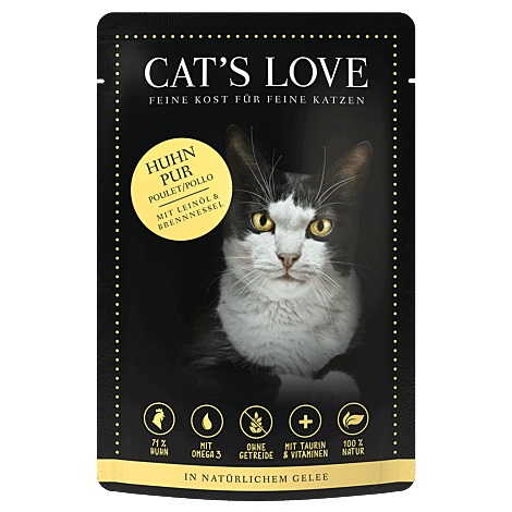 Cat's Love Cibo Umido per Gatti Adulto - Pollo con Olio di Lino e Ortica, 85 g, 71% Proteine Animali, Senza Glutine e Cereali