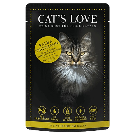 Cat's Love Cibo Umido per Gatti Adulto - Vitello e Tacchino con Erba Gatta, 85 g