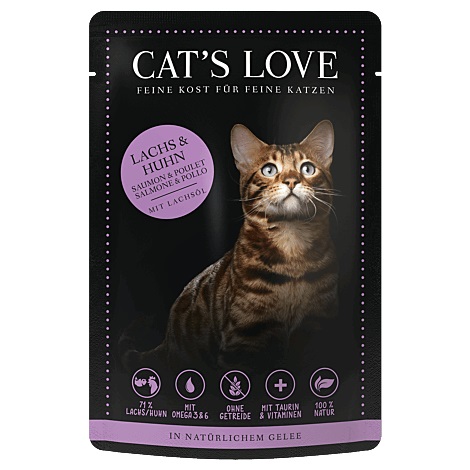 Cat's Love Cibo Umido per Gatti Adulto - Salmone e Pollo con Olio di Salmone e Prezzemolo, 85 g