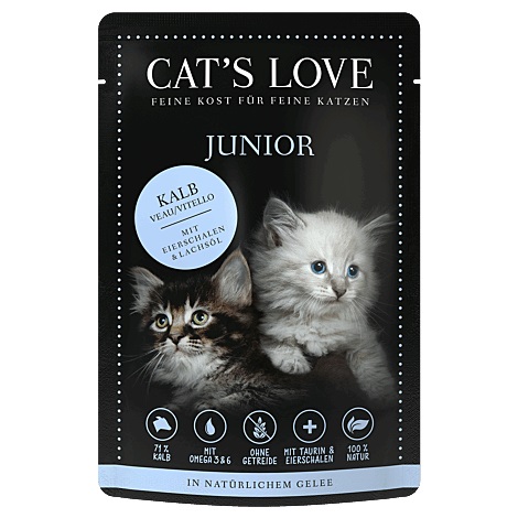Cat's Love Junior Cibo Umido per Gatti Vitello con Guscio d'Uovo e Olio di Salmone - 85 g, Senza Cereali e Coloranti Artificiali