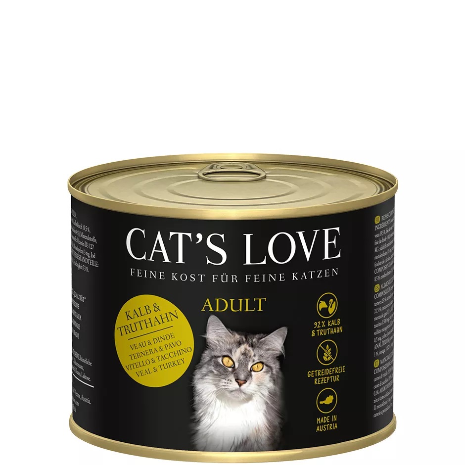 Cat's Love Cibo Umido per Gatti Adulti Vitello e Tacchino con Erba Gatta - 200 g, 92% Proteine Animali, Senza Glutine e Cereali