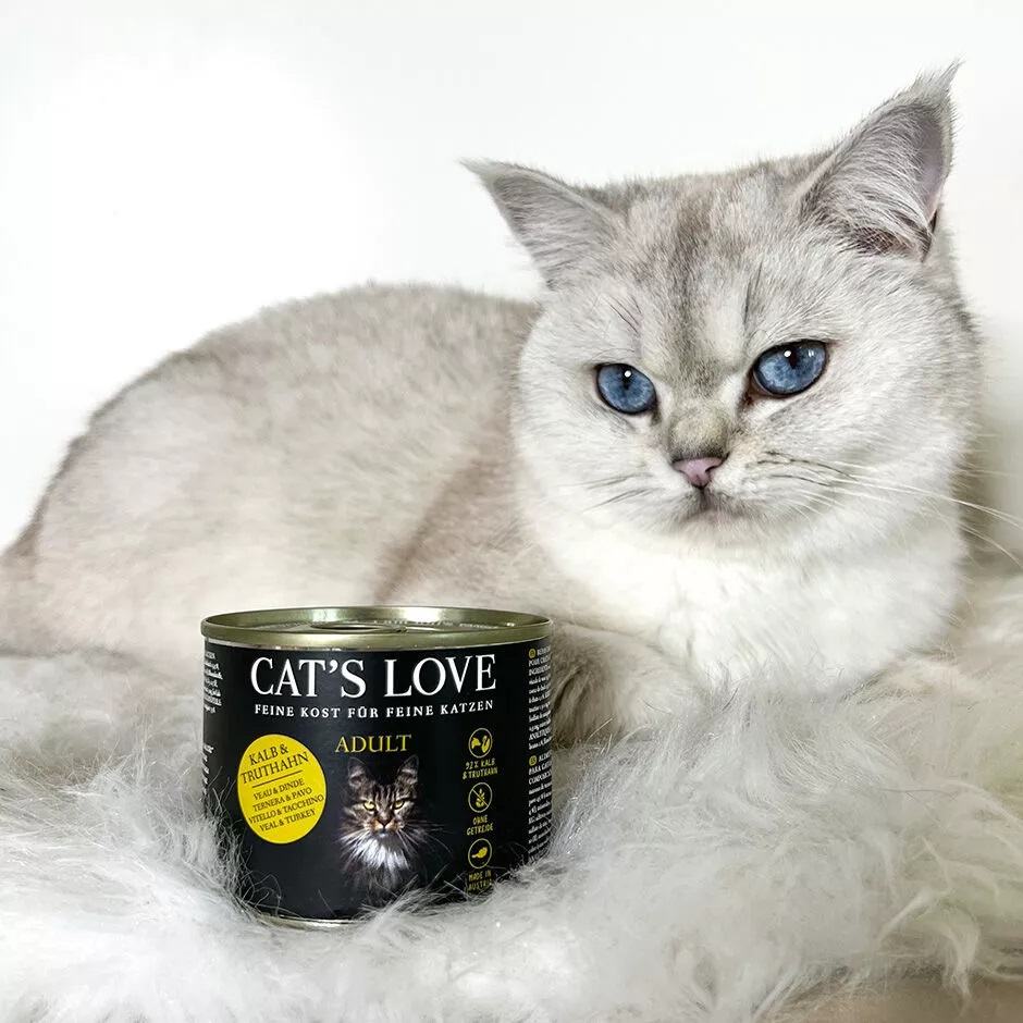 Cat's Love Cibo Umido per Gatti Adulti Vitello e Tacchino con Erba Gatta - 200 g, 92% Proteine Animali, Senza Glutine e Cereali