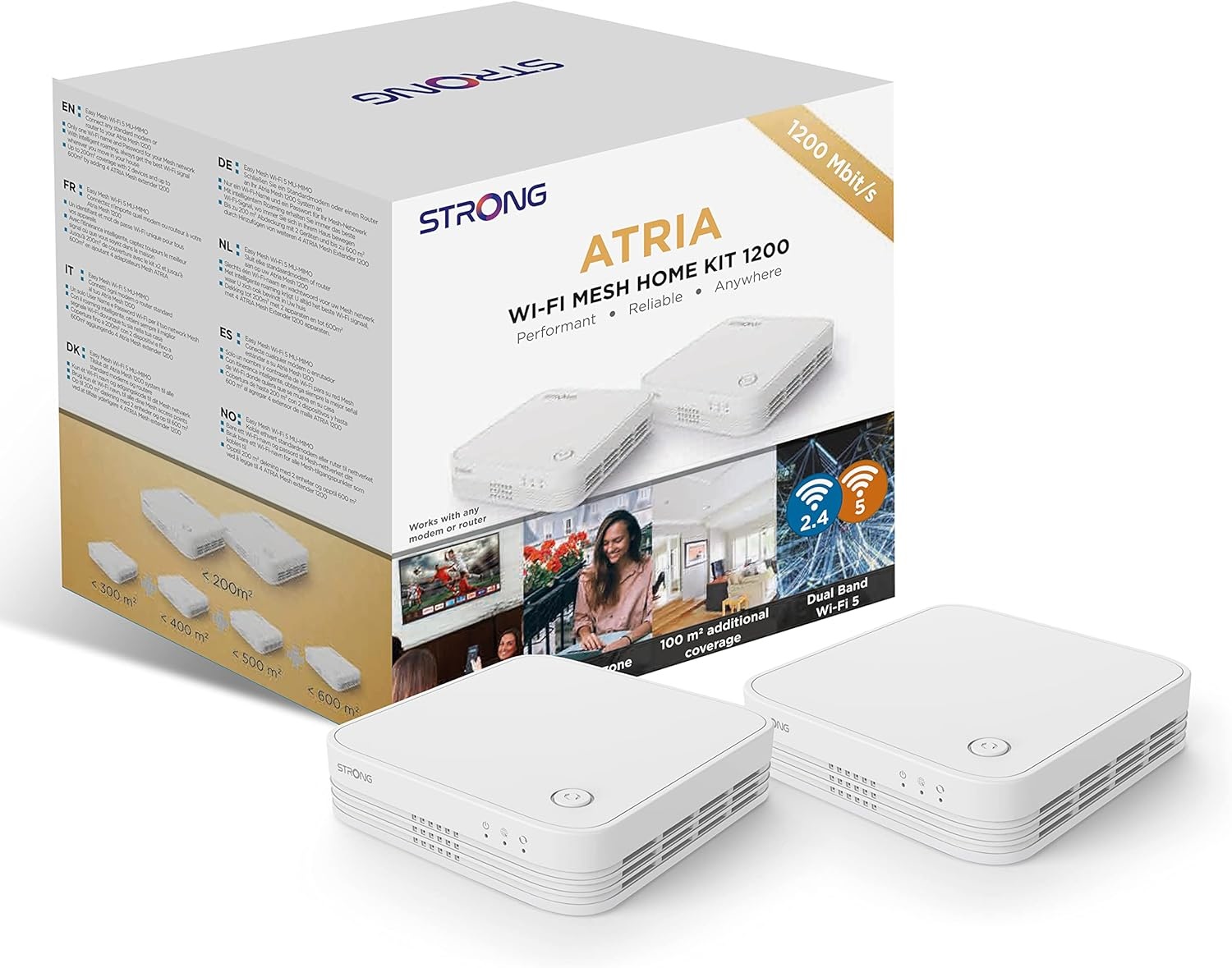 Strong Atria Kit WiFi Mesh 1200 Mbps - Dual Band 2.4 GHz 5 GHz, Fino a 200 m² di Copertura, 3 Porte Ethernet, Bianco