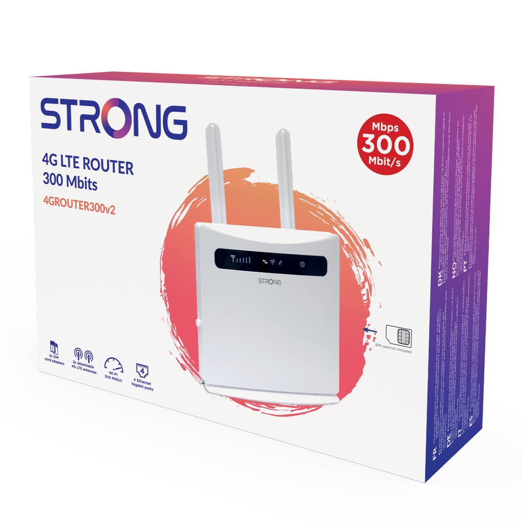 Strong 4GROUTER300V2 Router di rete cellulare 4G LTE fino a 150 Mbps, Wireless N300 Mbps, con Slot per SIM e 4 Porte LAN, Bianco